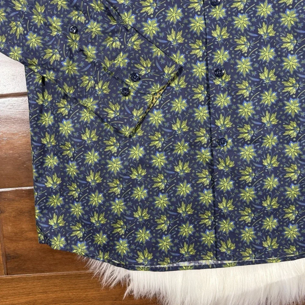 Visconti‎ Black Men's Size Small Green Blue Leaf Print Long Sleeve Shirt